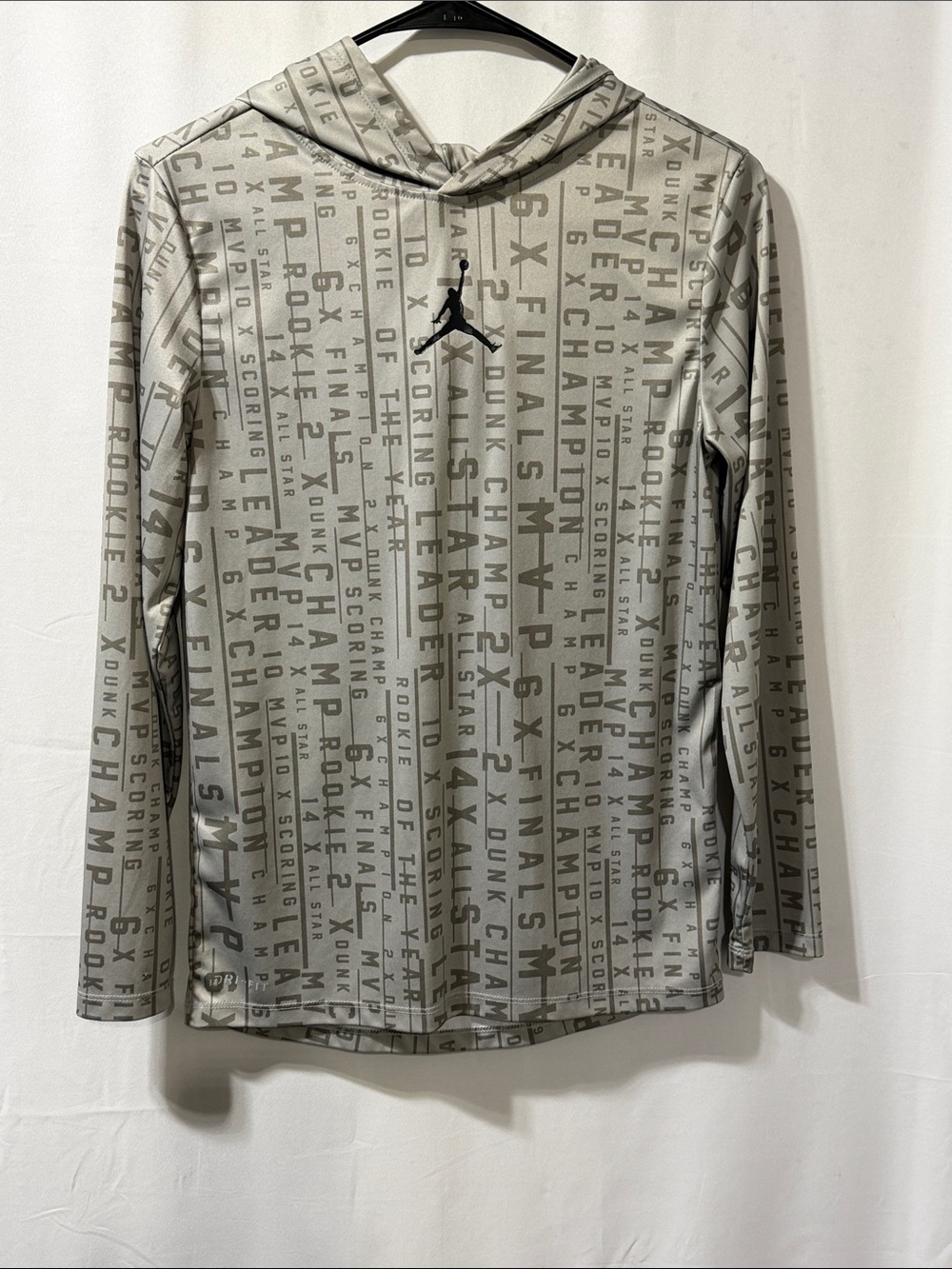 Jordan Youth Light Gray Hooded Long-Sleeve Top with Text Print